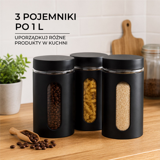Pojemnik kuchenny, szklany z pokrywką 1L zestaw 3 szt. na żywność, produkty sypkie, kawę