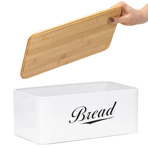 Chlebak metalowy, zamykany z bambusową deską, pojemnik na pieczywo, biały