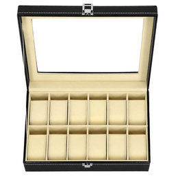 Szkatułka na zegarki 30x20x8 cm czarno-kremowa, ekoskóra organizer z 12 przegródkami
