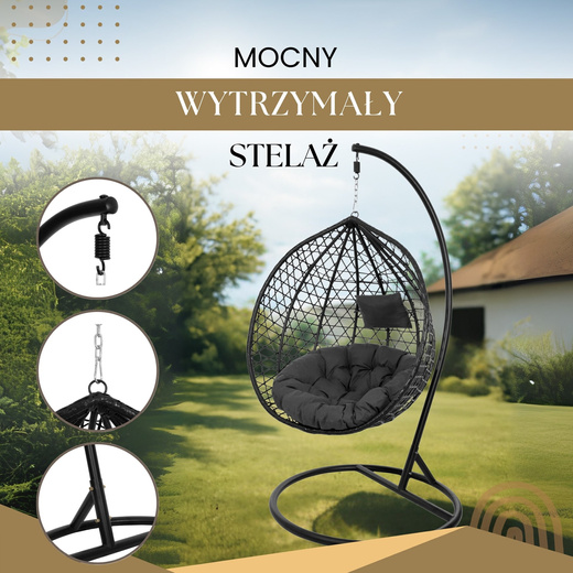 Kokon ogrodowy rattanowy z poduszkami fotel wiszący bujak huśtawka na metalowym stelażu czarna