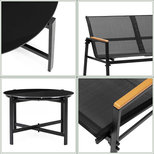 Meble ogrodowe, zestaw dla 4 osób sofa, krzesła, stolik metalowe, czarne