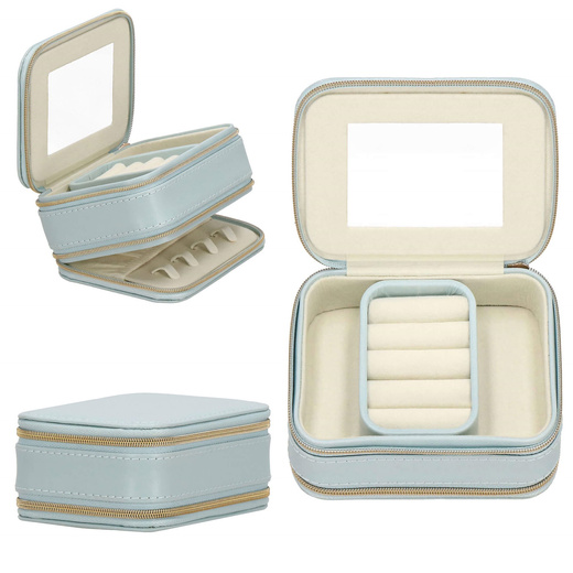 Szkatułka na biżuterię ekoskóra 11,5x8,5x5,5 cm błękitny organizer z przegródkami i lusterkiem