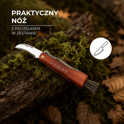 Zestaw akcesoriów grzybiarza: kosz na grzyby, nóż, miotełka, kapelusz do lasu, czarny