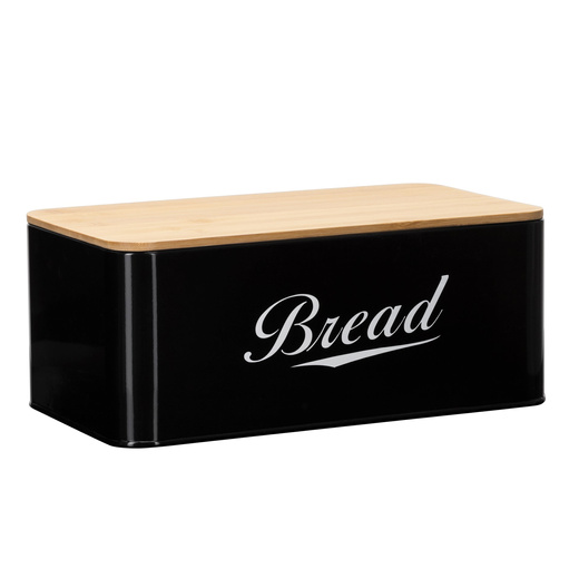 Chlebak metalowy, zamykany z bambusową deską, pojemnik na pieczywo, czarny