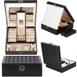 Szkatułka na biżuterię ekoskóra 25 x 25 x 8,5 cm czarny organizer z przegródkami i lusterkiem