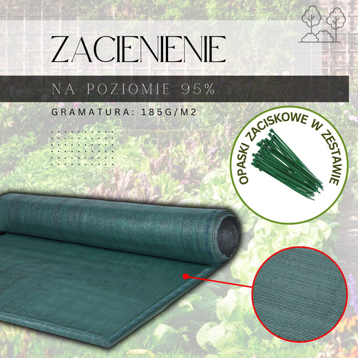 Siatka cieniująca 95% osłonowa 1,7x10m zielona, 185g/m2, 50 szt. opasek zaciskowych