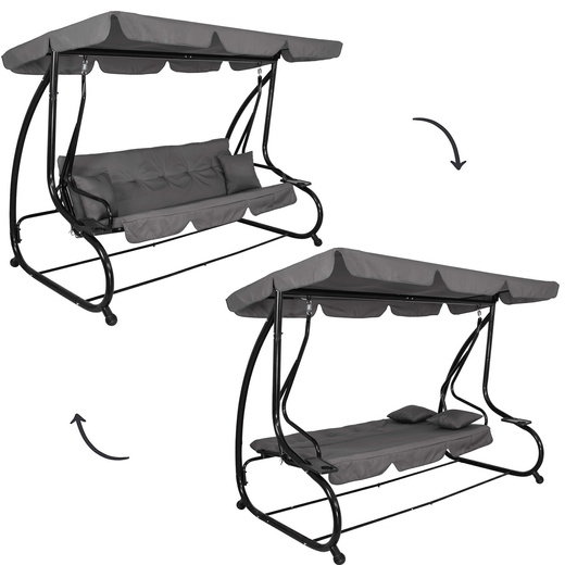 Huśtawka ogrodowa linda 4 osobowa 300 kg stalowa z regulowanym daszkiem szara