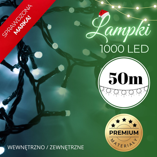 Lampki choinkowe 1000 led bialy zimny 50m oświetlenie świąteczne IP44