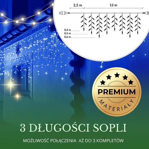 Kurtyna świetlna 300 led girlanda, lampki wewnętrzno-zewnętrzne 14,5 m sople niebieski z zimnym białym flash
