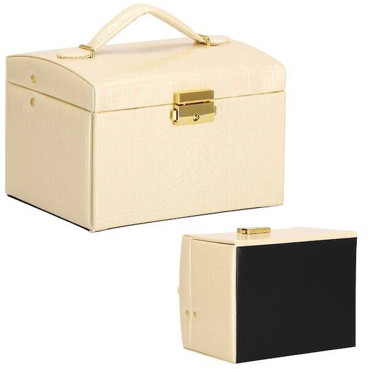 Szkatułka na biżuterię ekoskóra 17,5x14x12,5 cm ecru organizer z przegródkami