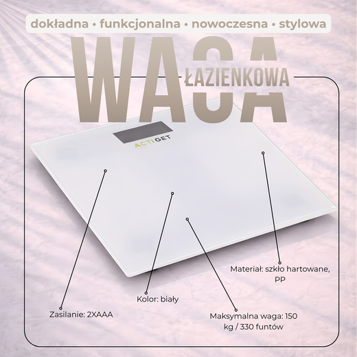 Waga łazienkowa, elektroniczna 150 kg szkło hartowane, biała