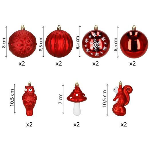 Bombki choinkowe 14 szt. mix wzorów: okrągłe, muchomorek, sowa, wiewiórka, dekoracje świąteczne, czerwone