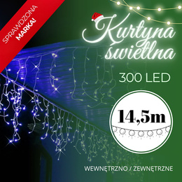 Kurtyna świetlna 300 led girlanda, lampki wewnętrzno-zewnętrzne 14,5 m sople niebieski z zimnym białym flash