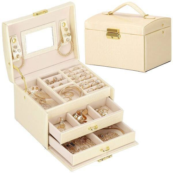 Szkatułka na biżuterię ekoskóra 17,5x14x12,5 cm ecru organizer z przegródkami