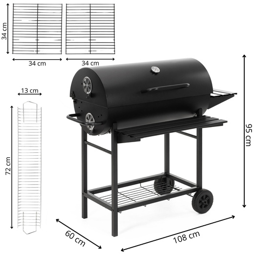 Grill węglowy, ogrodowy z pokrywą, termometrem, duży ruszt grillowy