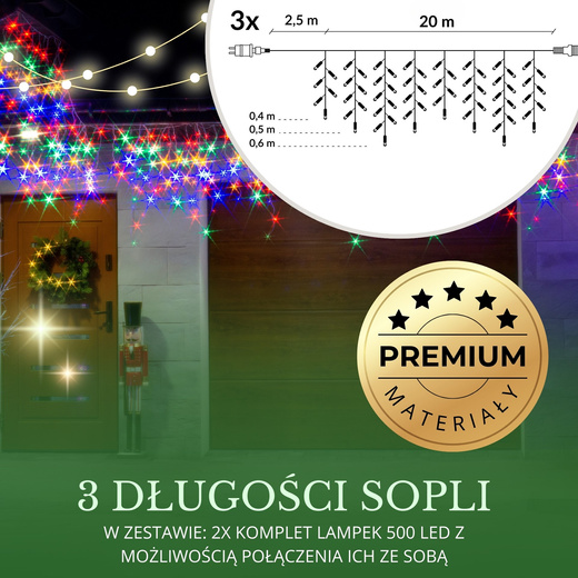 Kurtyna świetlna 1500 led girlanda, lampki wewnętrzno-zewnętrzne 67,5m sople multikolor