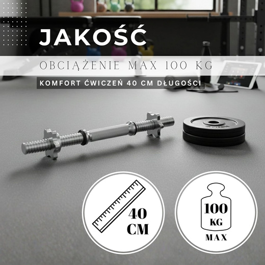 Gryf krótki 40 cm do hantli z zaciskami śr. 30 mm gwintowany, stal chromowana