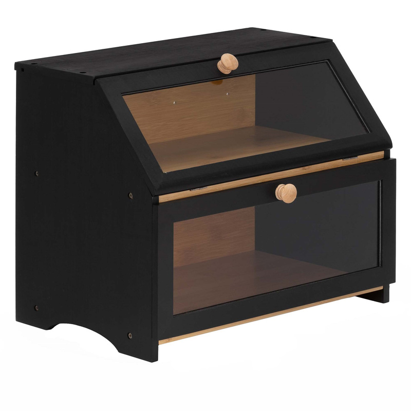 Chlebak zamykany, dwupoziomowy, szafka na pieczywo, bambusowy, czarny