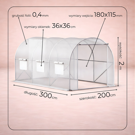 Szklarnia ogrodowa foliowa UV4 140g/m2 3x2x2 m tunel na warzywa owoce foliak