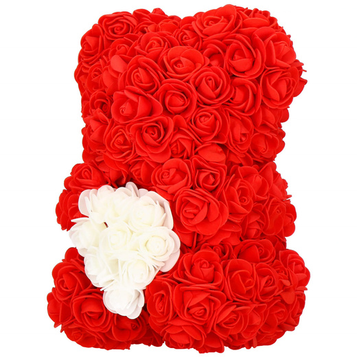 Miś z płatków róż czerwony z białym sercem 22 cm rose bear z opakowaniem