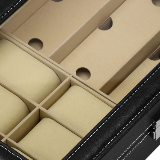 Szkatułka na zegarki 30x20x8cm czarno-kremowy, ekoskóra organizer z przegródkami i lusterkiem
