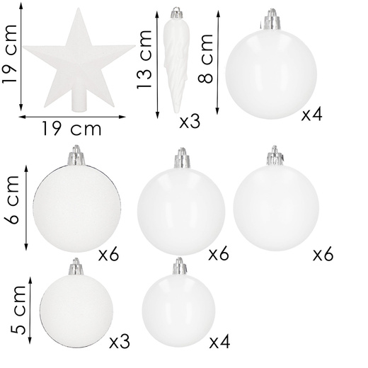 Bombki choinkowe 33 szt. ozdoby świąteczne zestaw z gwiazdą białe