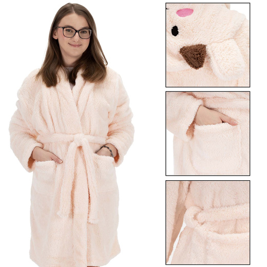 Szlafrok damski z polaru rozm. L/XL z kapturem i paskiem beżowy, miś 