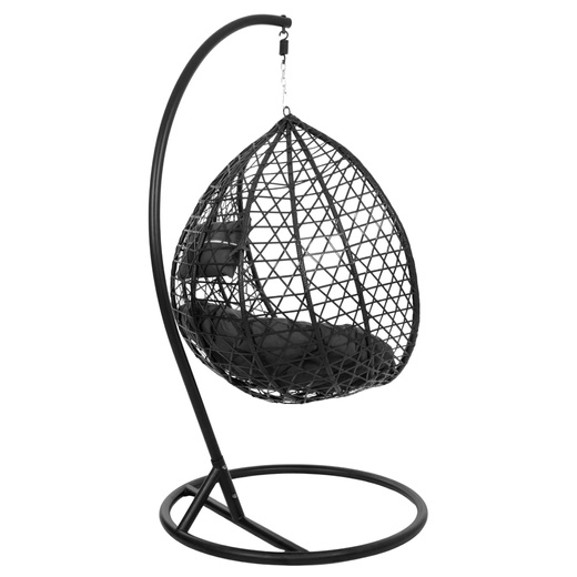 Kokon ogrodowy rattanowy z poduszkami fotel wiszący bujak huśtawka na metalowym stelażu czarna