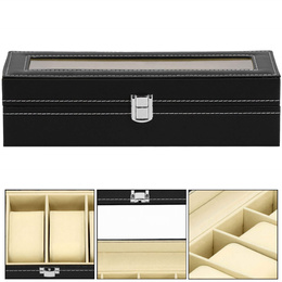 Szkatułka na zegarki 30x11x8 cm czarno-kremowy, ekoskóra organizer z przegródkami i okienkiem