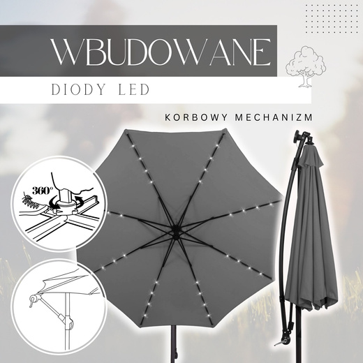 Parasol ogrodowy z oświetleniem led na wysięgniku 300 cm składany na balkon, taras grafitowy