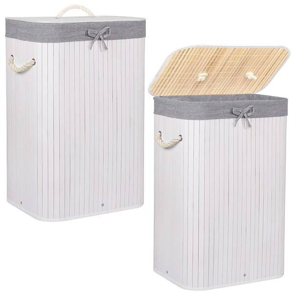 Pojemnik na pranie 72L kosz z klapą bambus naturalny biały, szary