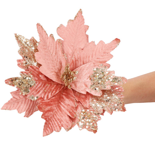 Gwiazda betlejemska, sztuczny kwiat na klipsie poinsecja różowa srebrne cekiny