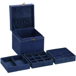 Szkatułka na biżuterię ekoskóra 12x12x12 cm granatowy, welurowy organizer z przegródkami