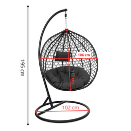 Kokon ogrodowy rattanowy z poduszkami fotel wiszący bujak huśtawka na metalowym stelażu czarna