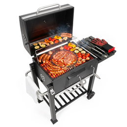 Grill węglowy, ogrodowy z pokrywą, termometr, ruszt emaliowany