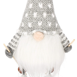 Skrzat na nartach 34 cm ozdoba świąteczna, ruchomy krasnal świąteczny, gnom szary