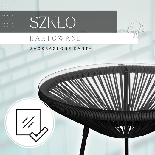 Zestaw mebli rattanowych 2 fotele ażurowe i okrągły stolik ze szklanym blatem czarny