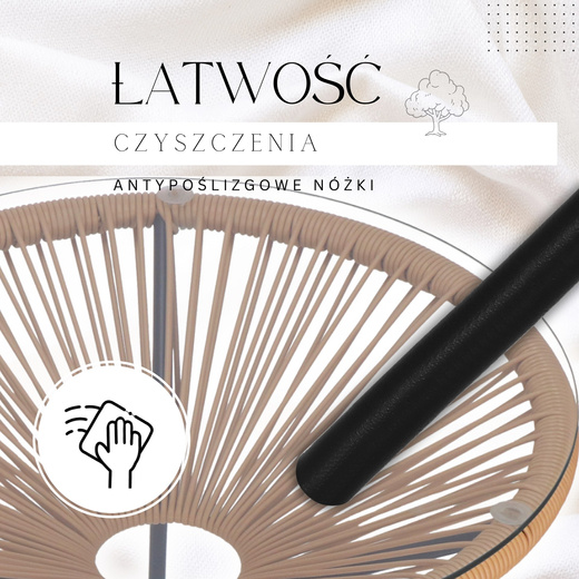 Stół ogrodowy, stolik rattanowy na taras blat szkło hartowane 50 cm okrągły beżowy