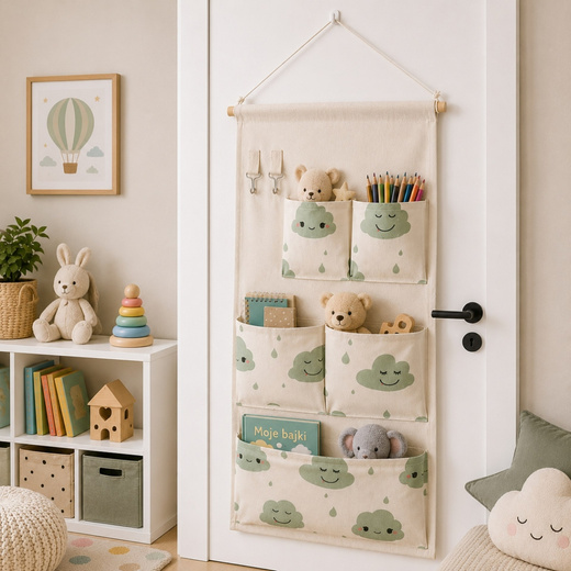Organizer wiszący na zabawki 58 × 35 cm, 5 kieszeni, beżowy w chmurki
