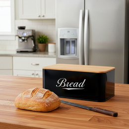 Chlebak metalowy, zamykany z bambusową deską, pojemnik na pieczywo, czarny