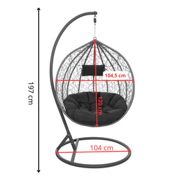 Kokon ogrodowy rattanowy z poduszkami fotel wiszący bujak huśtawka na metalowym stelażu szara