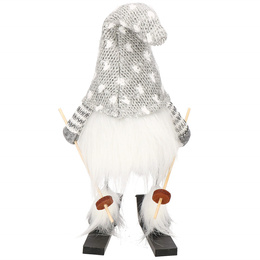 Skrzat na nartach 34 cm ozdoba świąteczna, ruchomy krasnal świąteczny, gnom szary