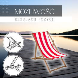 Leżak drewniany impregnowany z tkaniną czerwono-biały