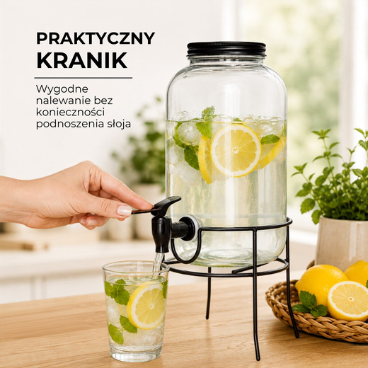 Słój szklany 3,2l z kranikiem na stojaku pojemnik na lemoniadę dyspozytor do napojów