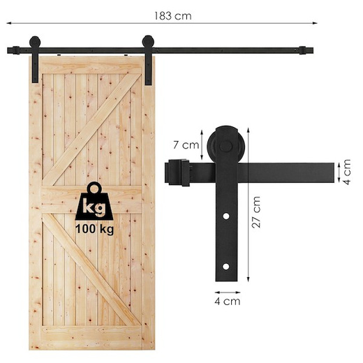 System do drzwi przesuwnych 183 cm prowadnica do 100 kg, barn door stal czarny