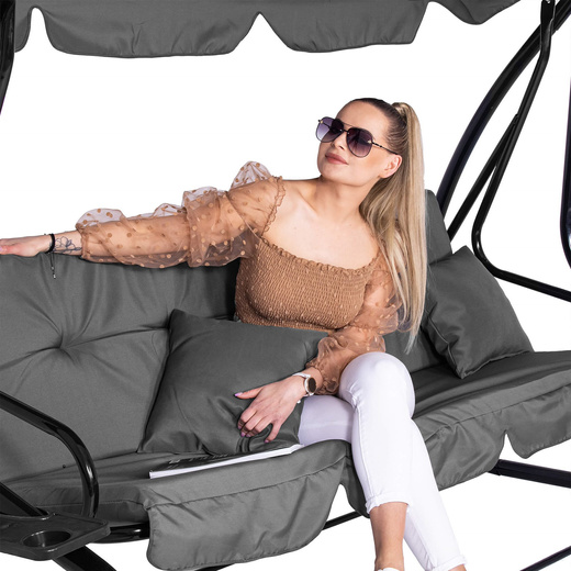 Huśtawka ogrodowa linda 4 osobowa 300 kg stalowa z regulowanym daszkiem szara