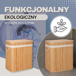 Kosz na pranie 100l z pokrywą bambusowy, dwukomorowy jasnobrązowy