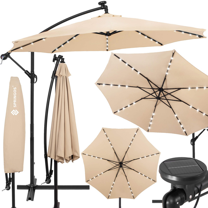 Parasol ogrodowy z oświetleniem led na wysięgniku 300 cm składany na balkon, taras ecru