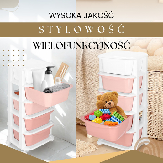 Regał mobilny z 5 szufladami szafka na kółkach na zabawki różowo-biała