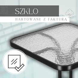 Meble tarasowe stolik kawowy ze szkła hartowanego, krzesła metalowe 4 szt. czarno-szare
